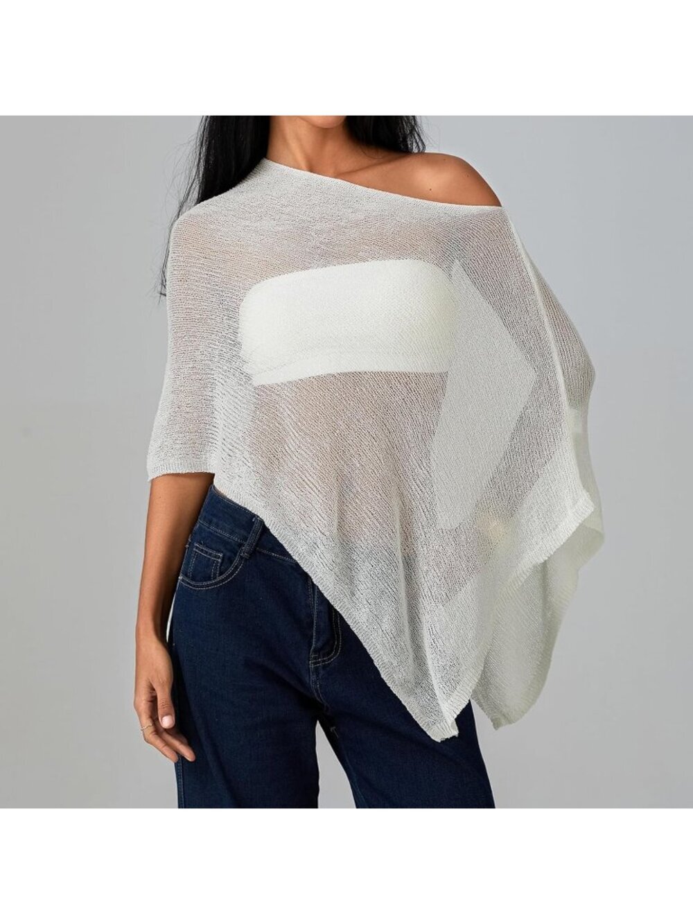 〽️Women's White Sheer Poncho Top Knit Crochet Lightweight See Through Shawl